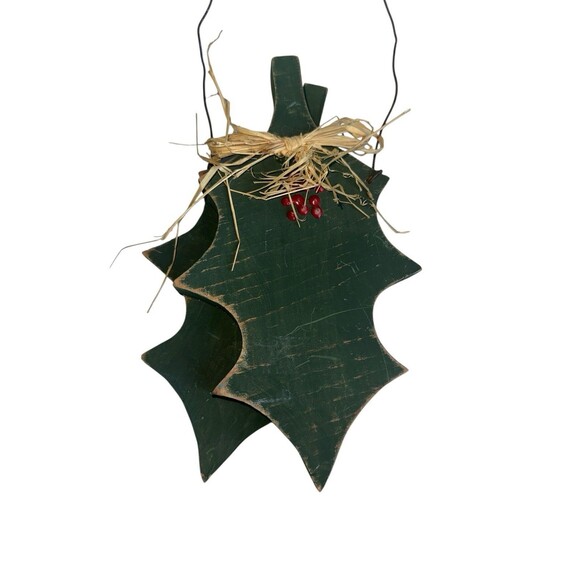 Primitive Holly Leaf Christmas Wall Hanging Rustic Wood Folk Art Decor - Picture 12 of 16